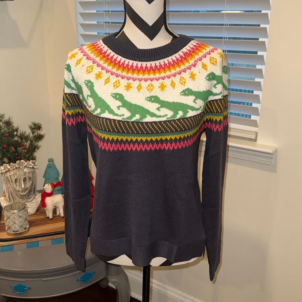 Modcloth Retro Charm Raglan Dinosaur Fair Isle Sweater - Picture 5 of 12